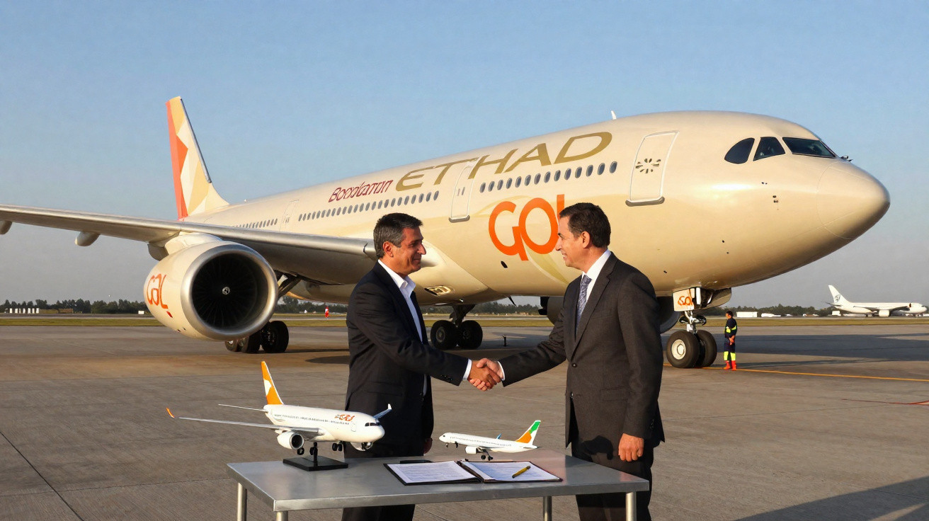 Dois homens de terno apertam as mãos na pista de aeroporto, com avião Etihad Go ao fundo e miniaturas na mesa.