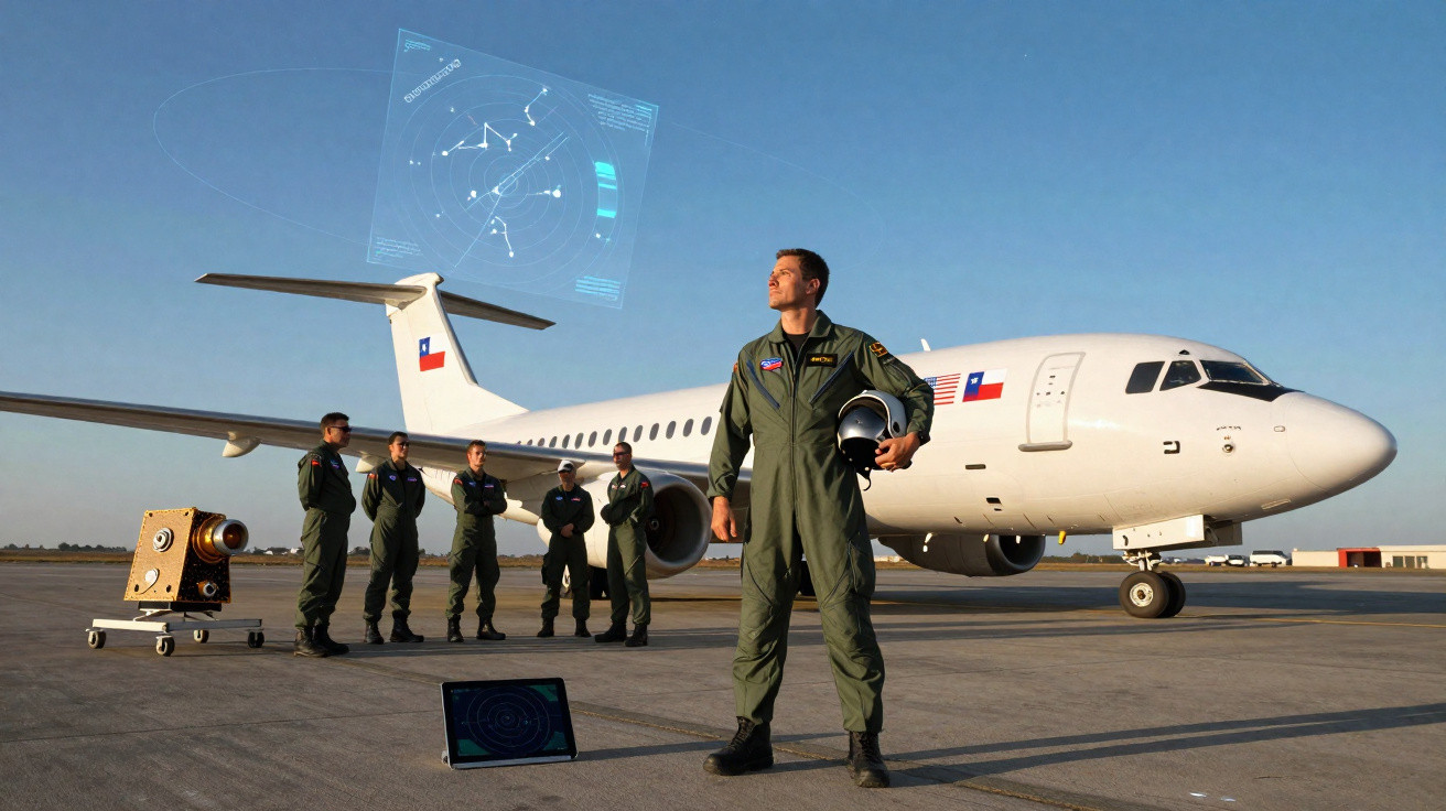 Cinco militares em uniformes verdes estão ao lado de um avião branco em pista sob céu azul.