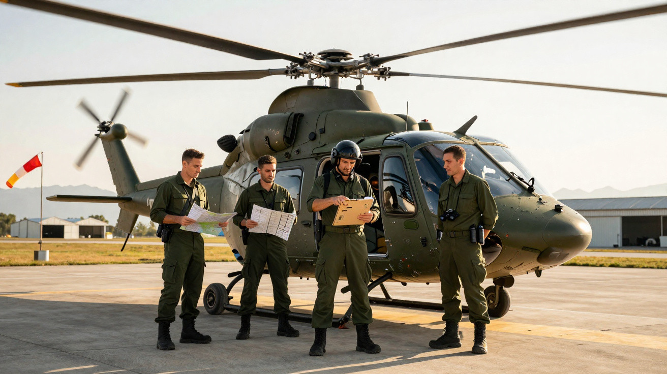 Quatro militares ao lado de helicóptero verde oliva, revisando mapas e documentos em pista de pouso.
