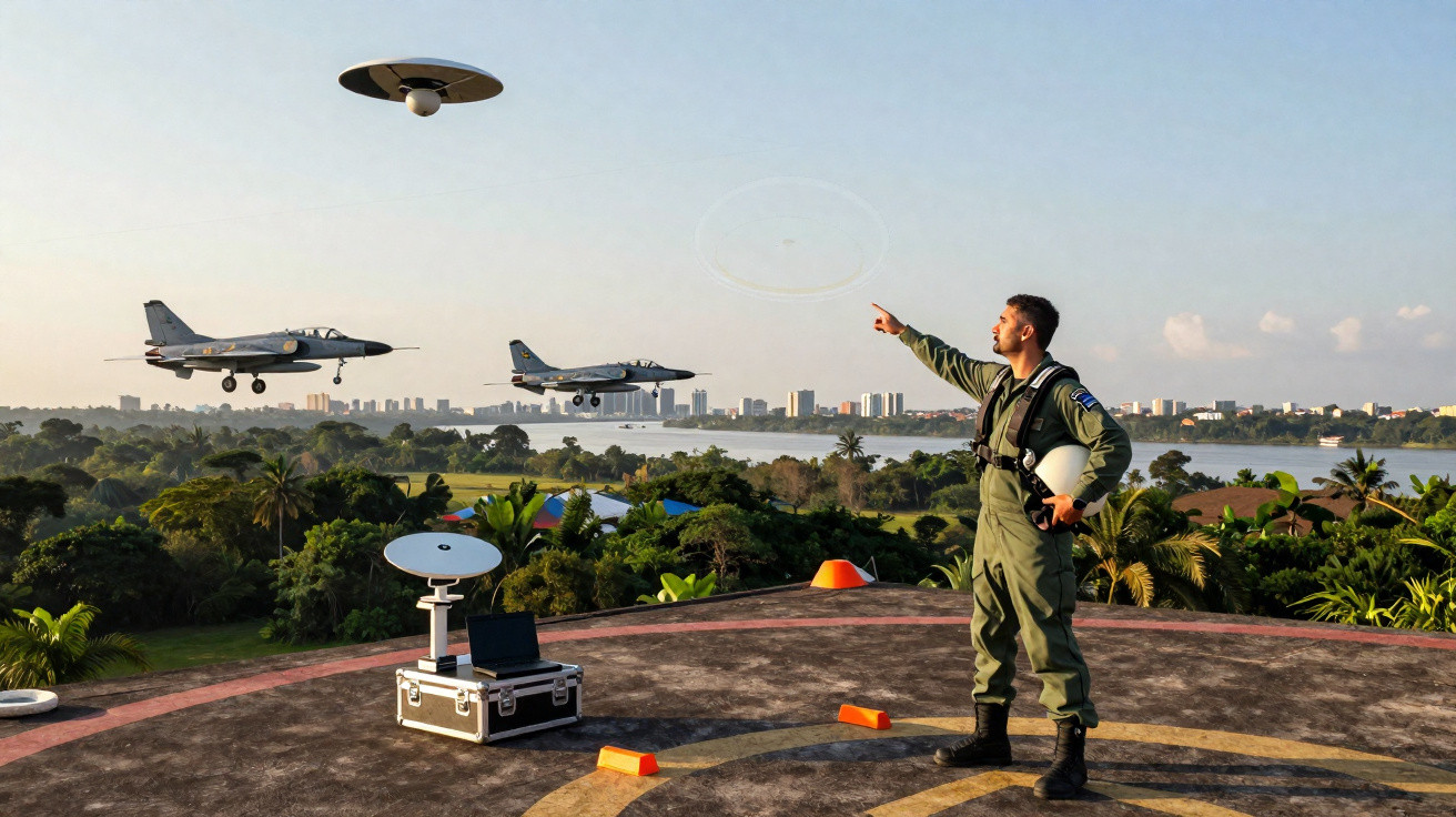 Militar em uniforme aponta para drone voando, com dois aviões de caça no céu e cidade ao fundo.