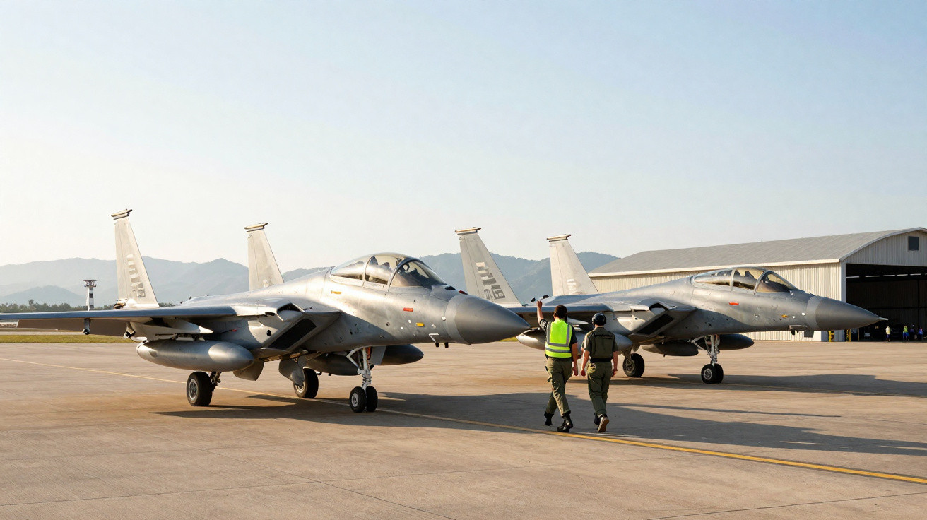 Dois caças militares estacionados em pista de aeroporto com dois militares caminhando ao lado.