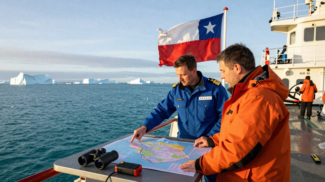 Dois homens em jaquetas olhando um mapa no convés de um navio com bandeira do Chile e icebergs ao fundo.