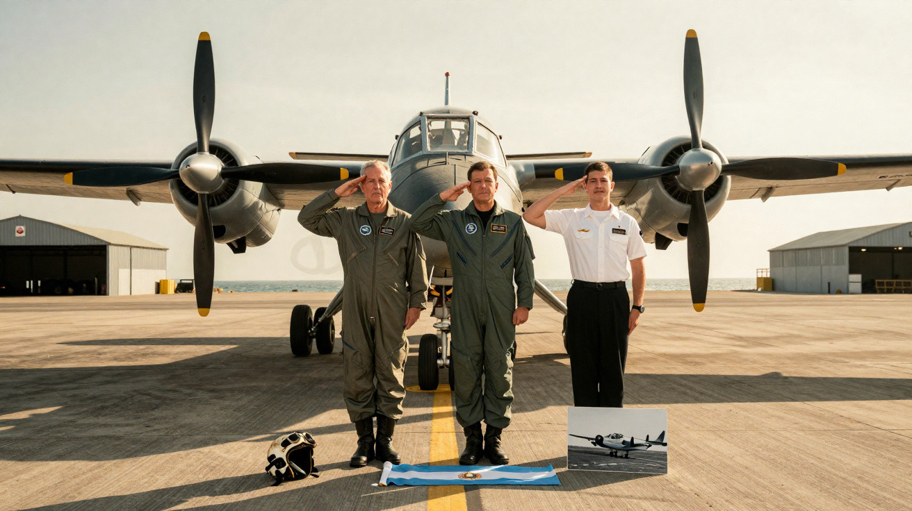 Três homens em uniforme militar fazem continência em frente a um avião antigo em um hangar.