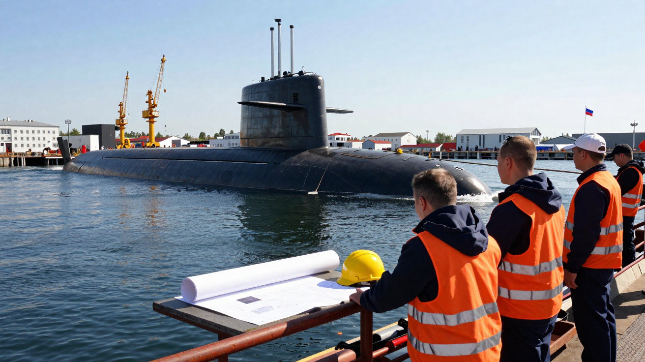 Homens com coletes laranja observam submarino preto próximo ao cais em área portuária.
