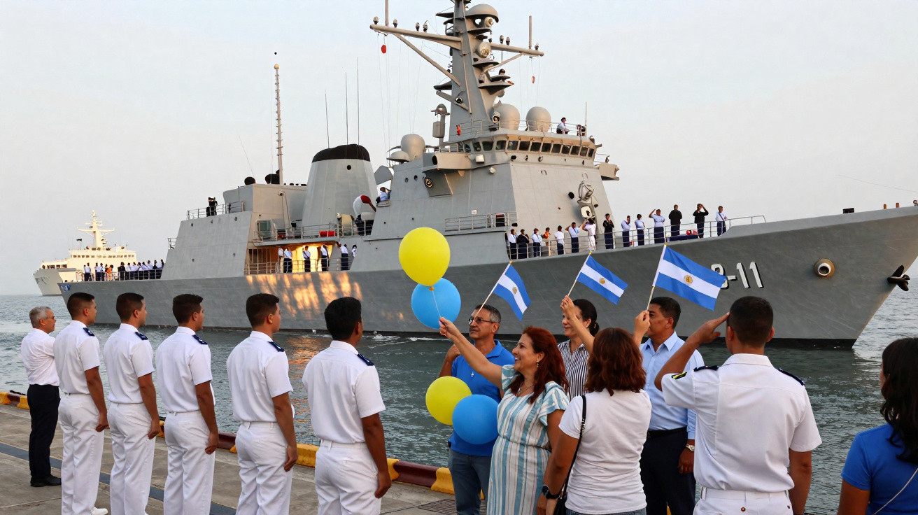 Marinheiros em formação e familiares com balões e bandeiras da Argentina perto de navio militar no porto.