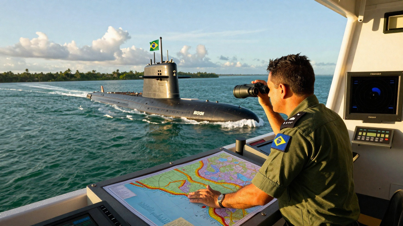 Marinheiro brasileiro com binóculo observa submarino Riachuelo no mar próximo à costa.