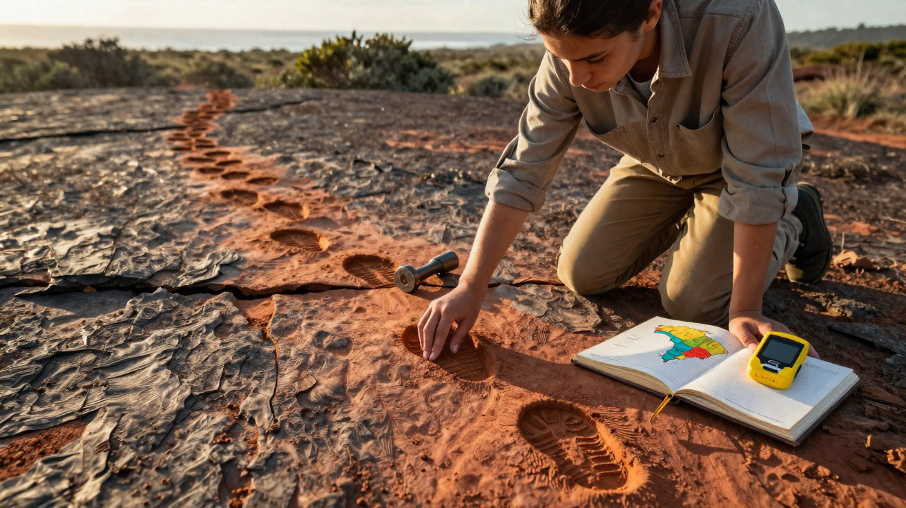 Pesquisador analisa pegadas fossilizadas no solo árido com livro e dispositivo eletrônico ao lado.