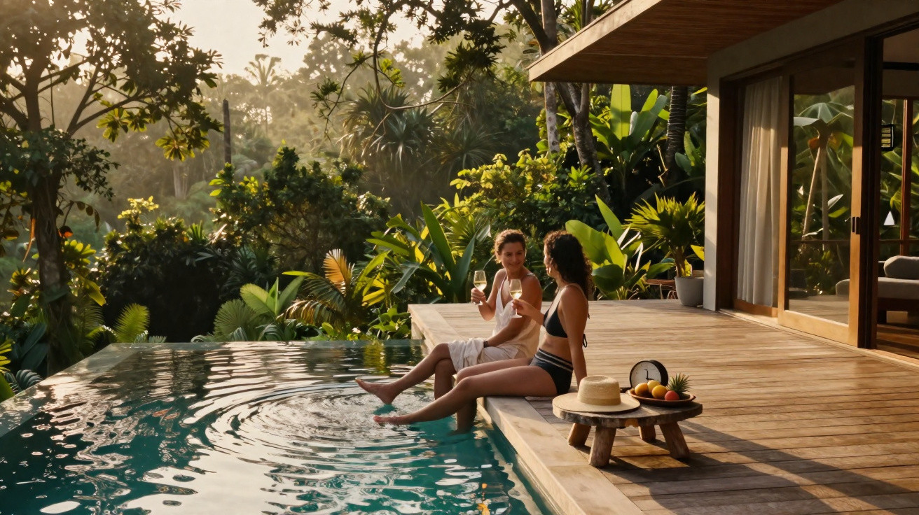 Duas mulheres sentadas à beira da piscina em casa com varanda de madeira, rodeadas por vegetação tropical.