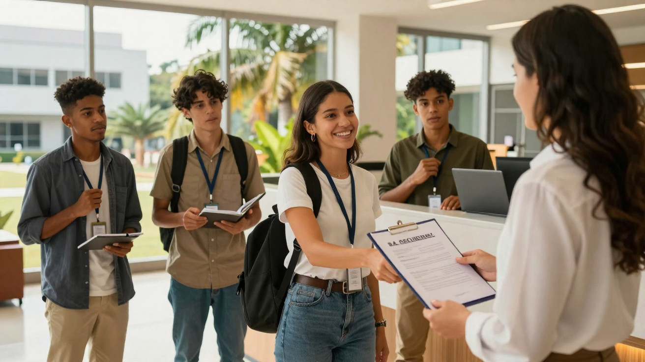 Jovens estudantes em fila entregando documentos a uma recepcionista em ambiente escolar moderno.