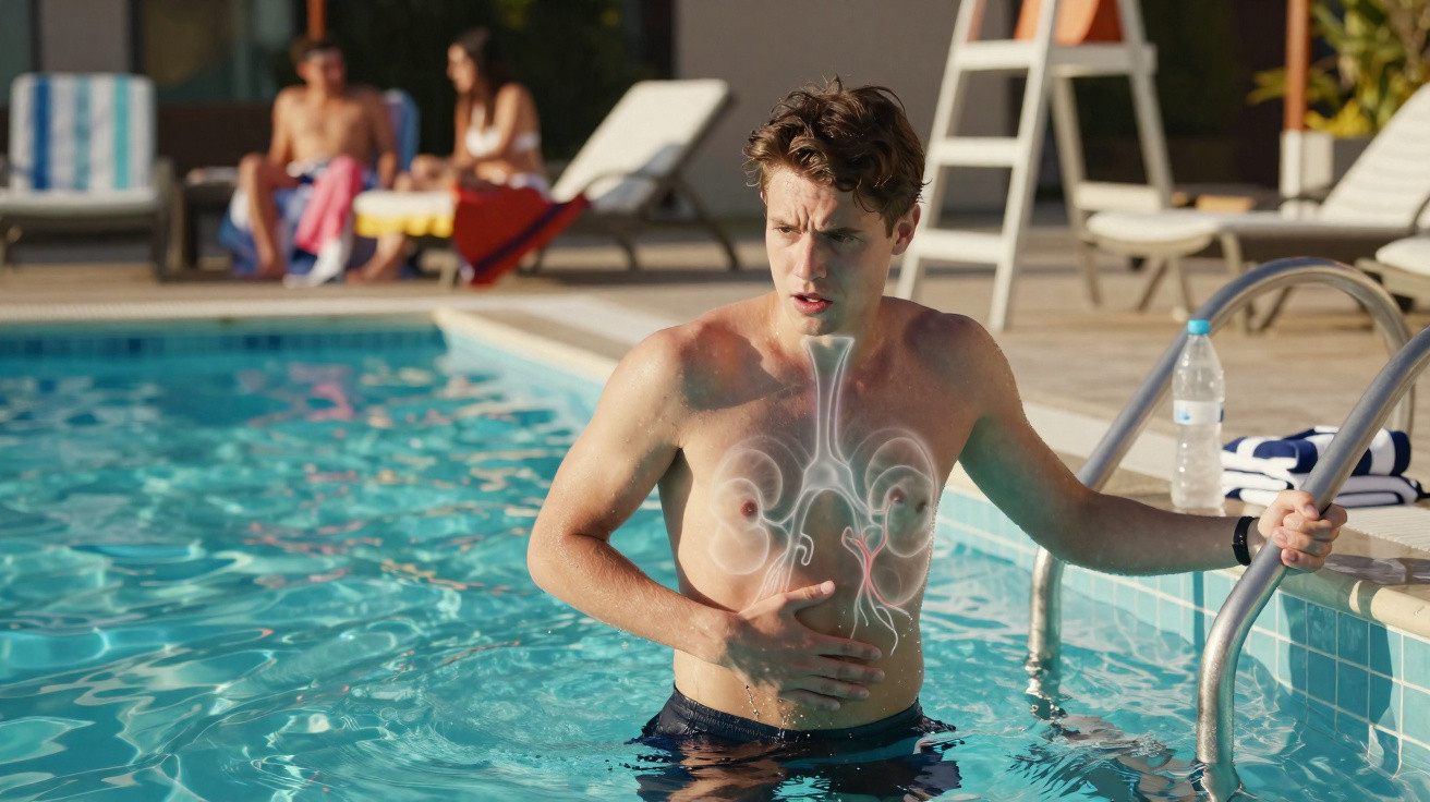 Homem na piscina tocando o peito com ilustração transparente de pulmões e coração sobre o corpo.