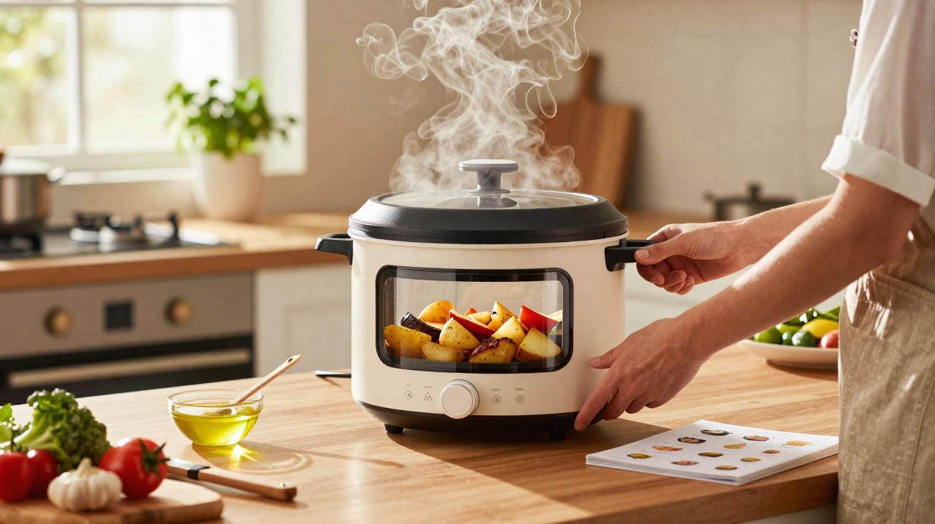 Pessoa usando panela elétrica transparente para cozinhar legumes assados na cozinha moderna.