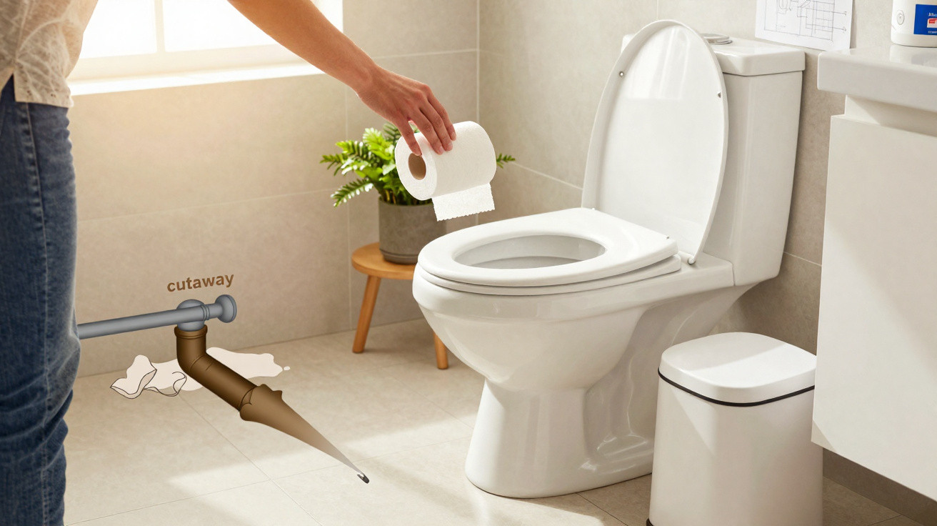 Pessoa colocando papel higiênico perto de vaso sanitário branco em banheiro claro com planta e lixeira.