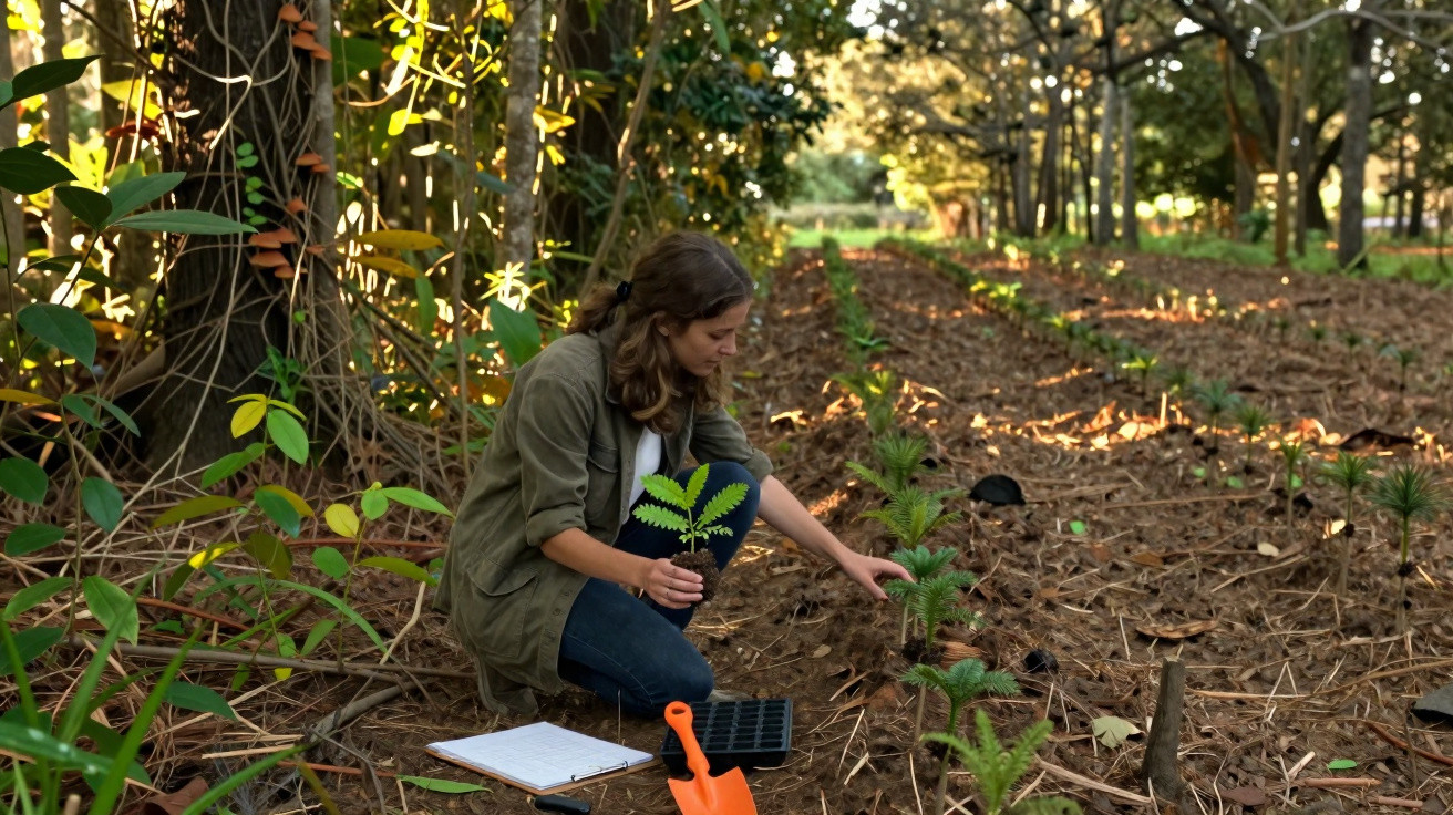 Mulher planta mudas em fileira no solo dentro de área arborizada durante o dia.