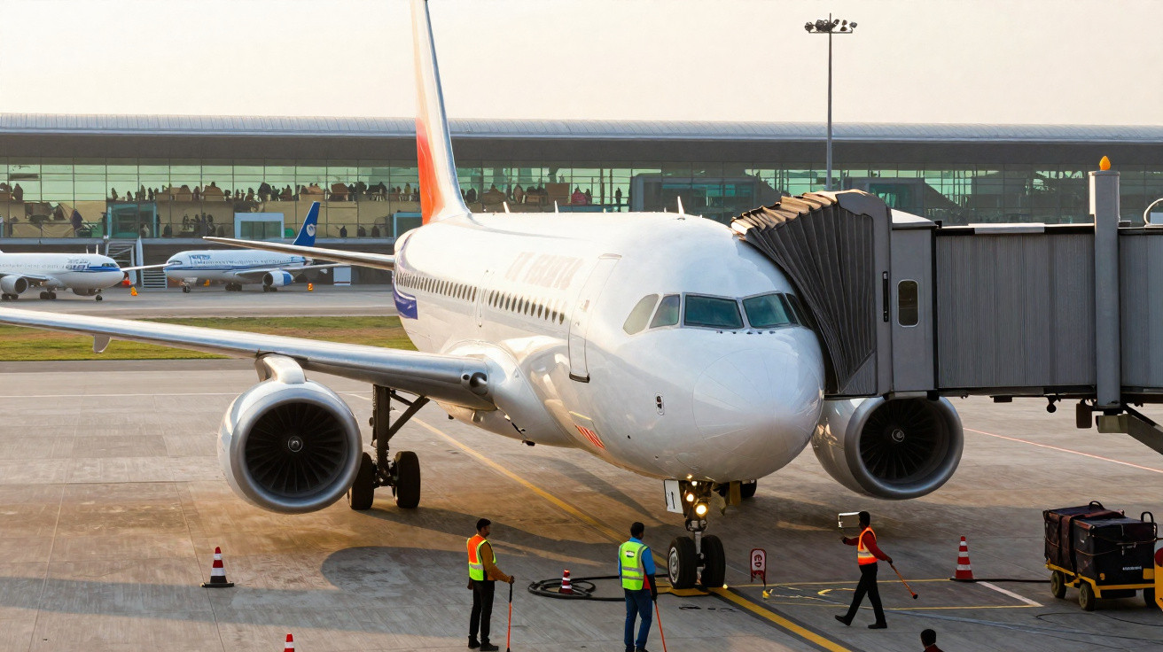 Avião branco estacionado no portão de embarque com três funcionários de segurança na pista.