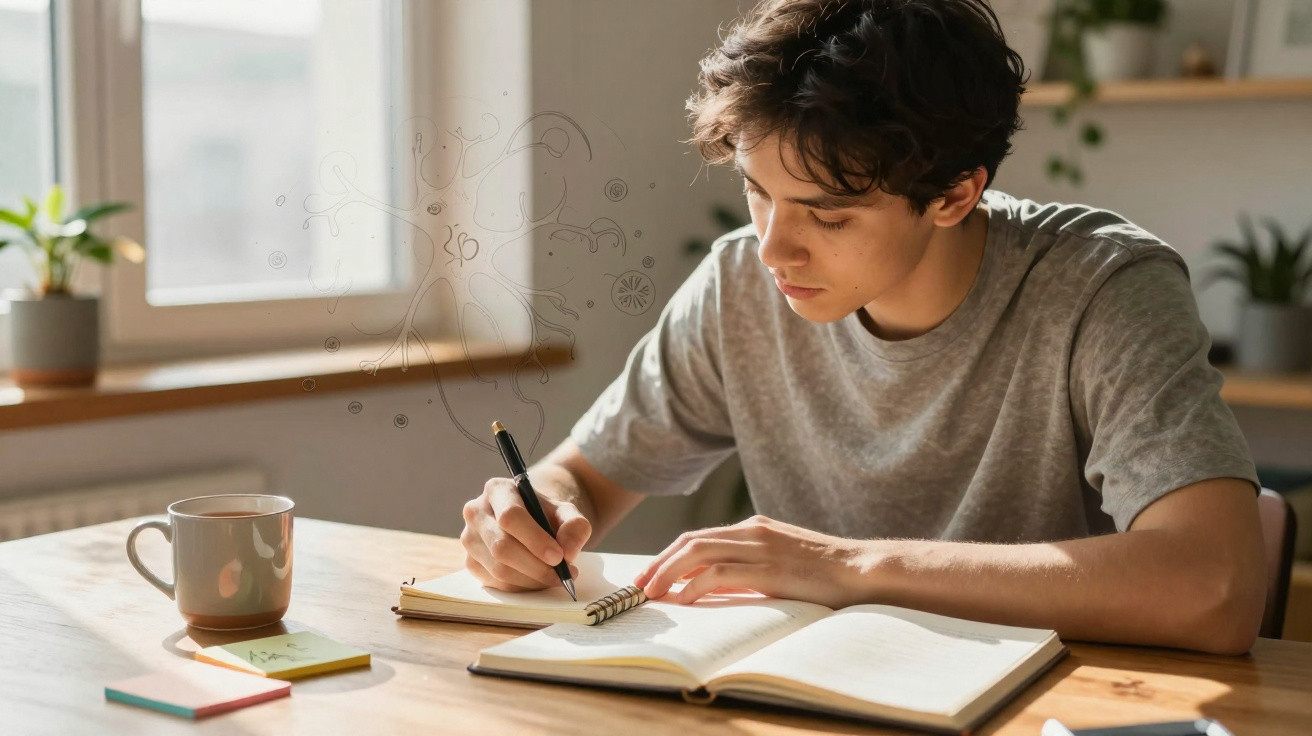 Adolescente escrevendo em caderno com caneca e livros em mesa iluminada por luz natural.
