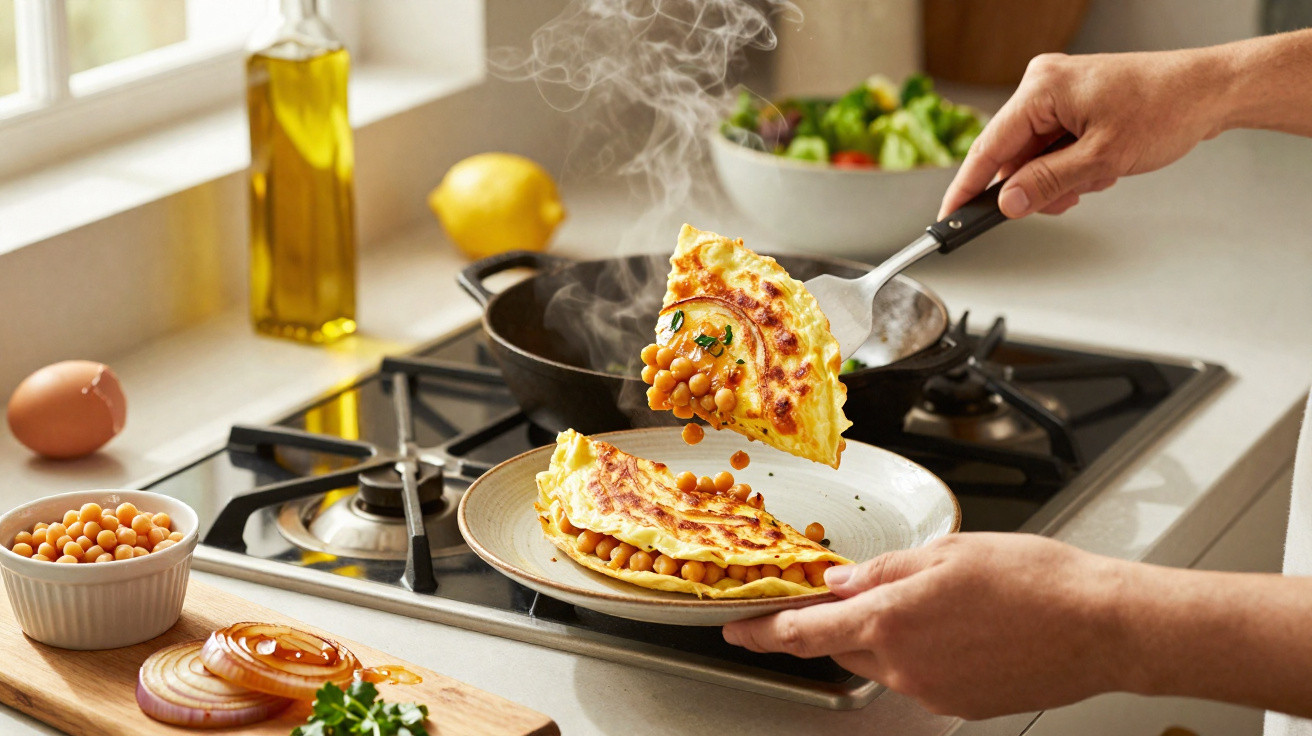 Mãos colocando omelete recheado com grão-de-bico quente em prato na cozinha caseira.