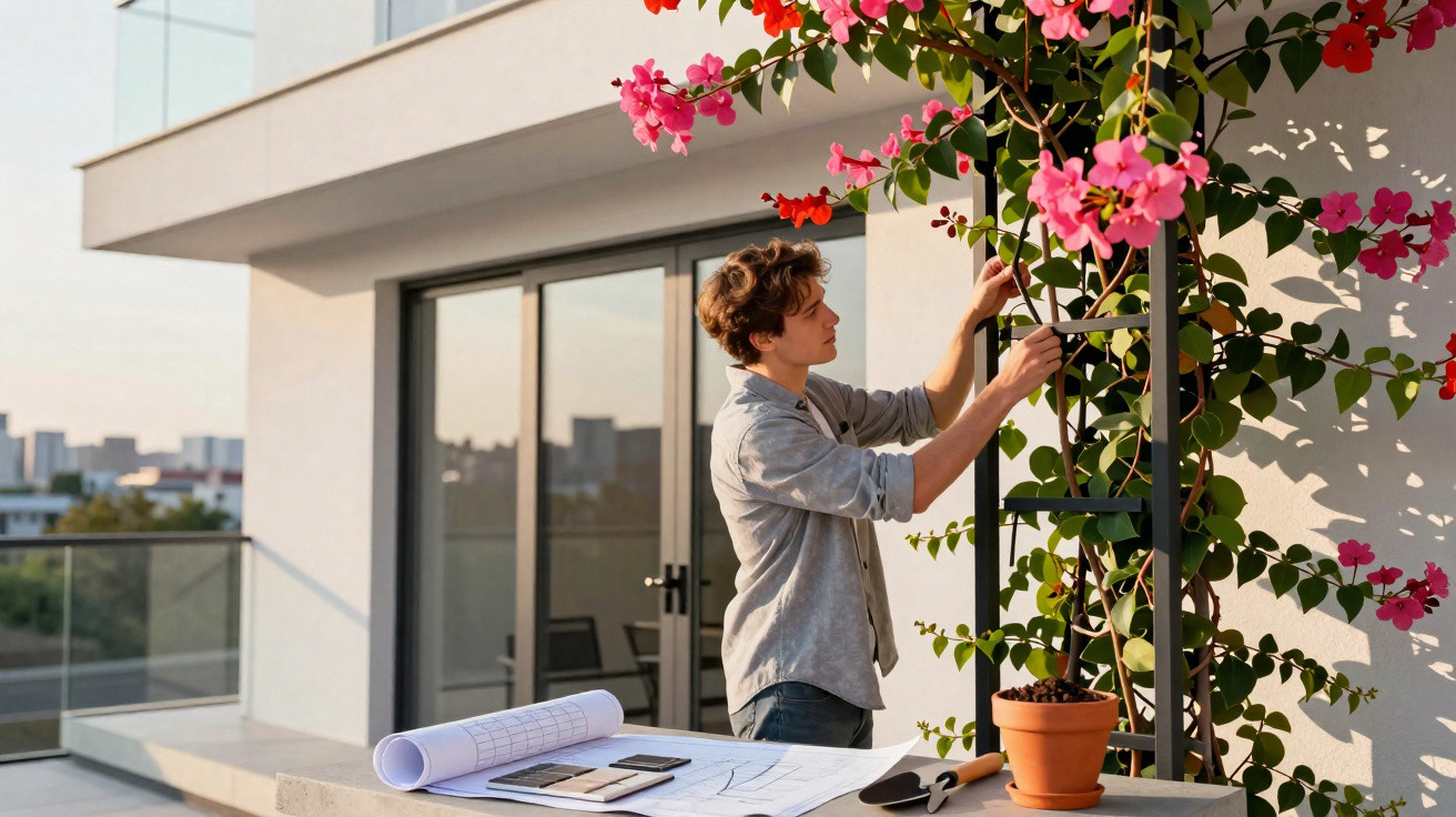 Jovem cuida de planta florida em varanda moderna com plantas, desenhos e ferramentas sobre mesa.