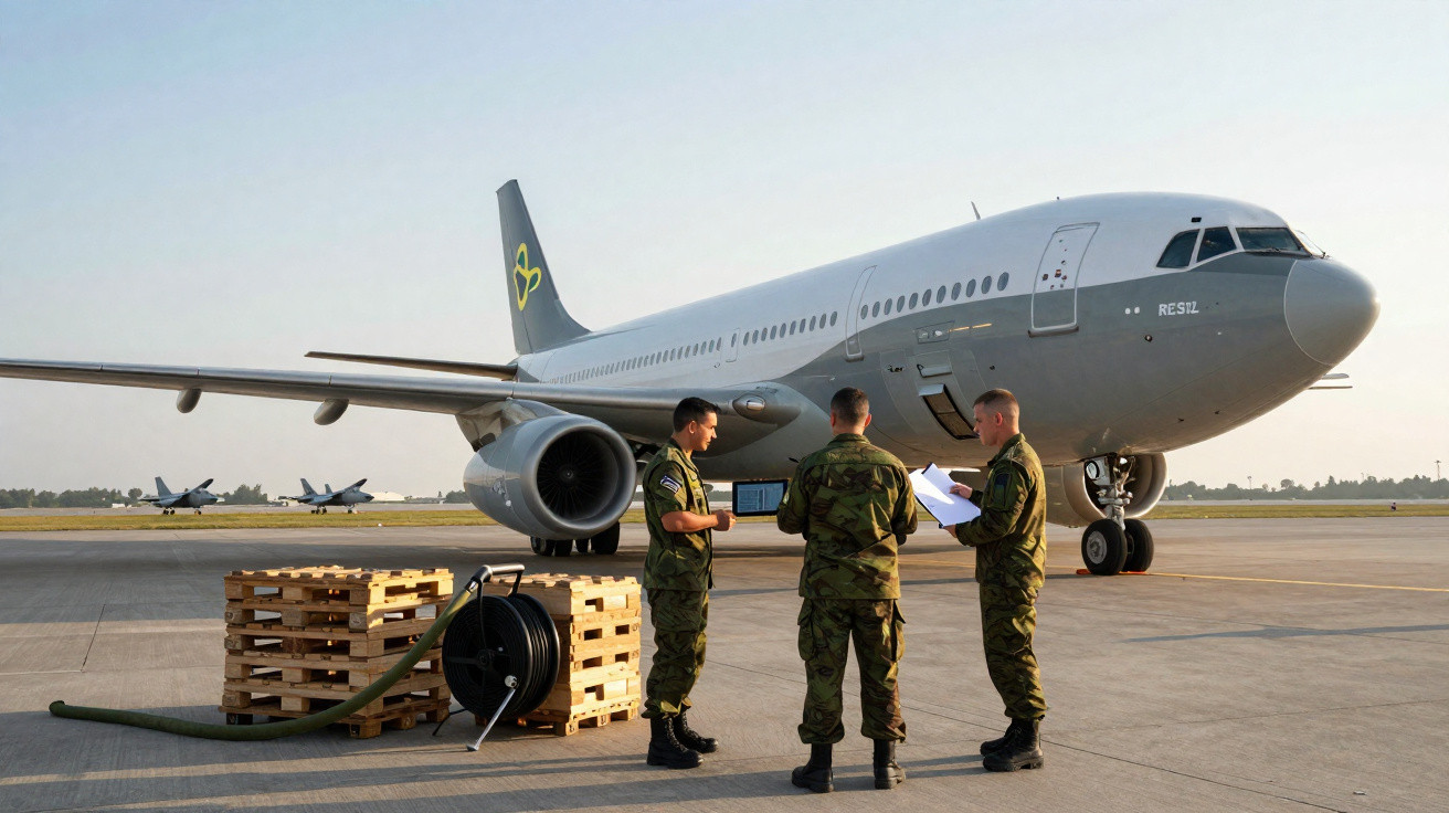 Três militares em uniforme verde conversam diante de avião militar cinza em pista de aeroporto ao entardecer.