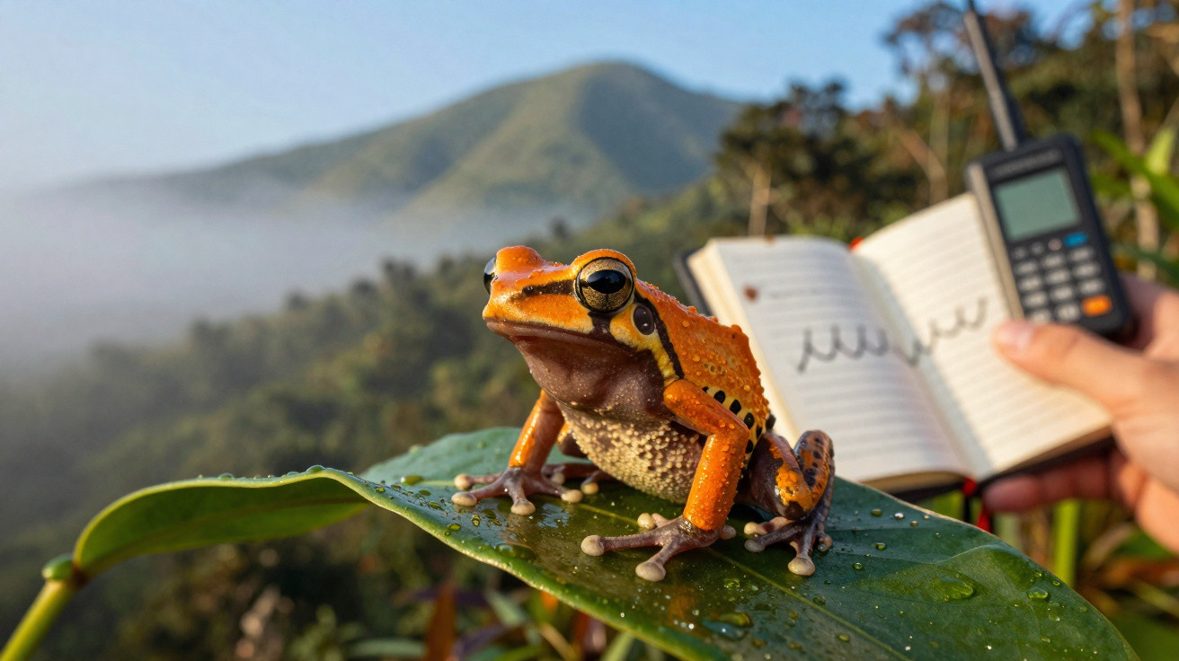 Sapo amarelo com manchas pretas em folha verde com caderno e rádio comunicador ao fundo em paisagem montanhosa.