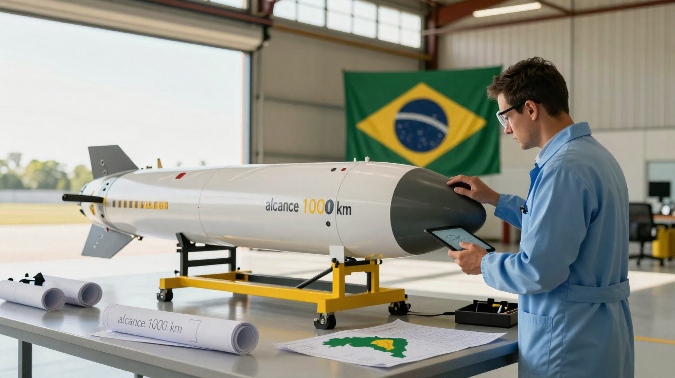 Homem com jaleco azul utiliza tablet ao lado de míssil em hangar com bandeira do Brasil ao fundo.