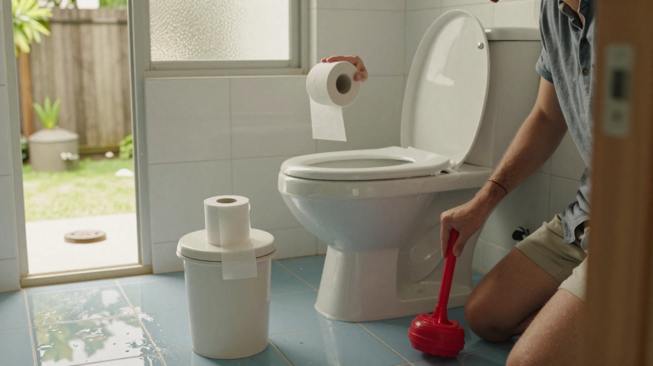 Pessoa usando um desentupidor em banheiro com vaso sanitário e papel higiênico próximo ao vaso.
