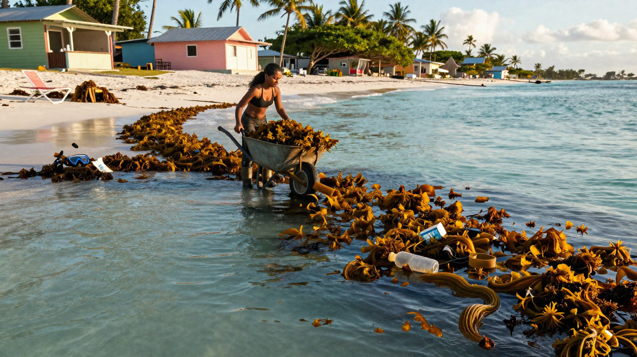 Mulher coleta algas marinhas na beira da praia com carrinho de mão, ao redor sacolas plásticas na água.