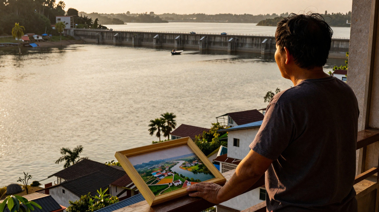 Homem observa o rio ao pôr do sol segurando uma foto colorida de paisagem com casas e rio.