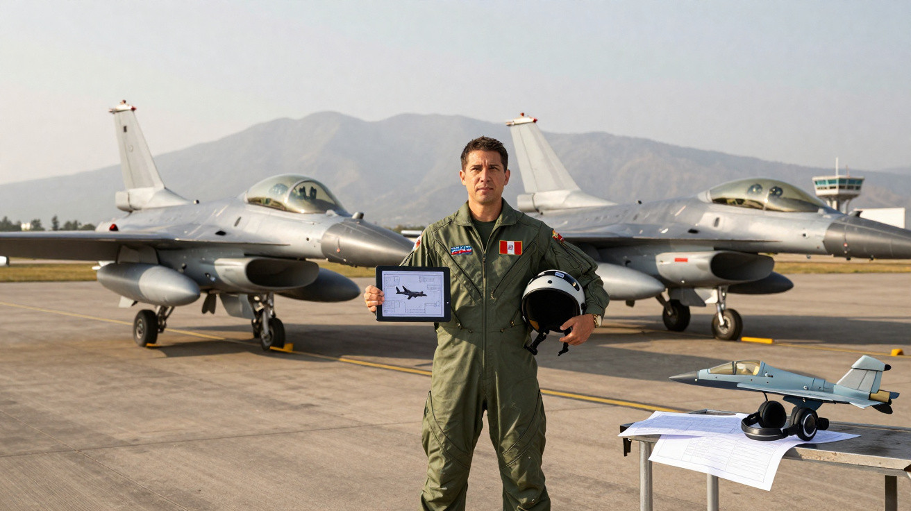 Piloto militar em uniforme verde segura capacete e tablet com imagem de avião, ao lado de dois caças e mesa com modelo de avi