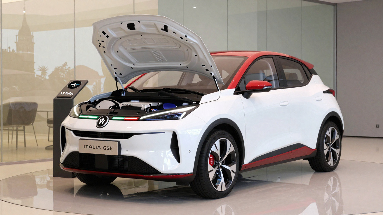 Carro elétrico branco e vermelho com capô aberto exibindo motor em showroom moderno.