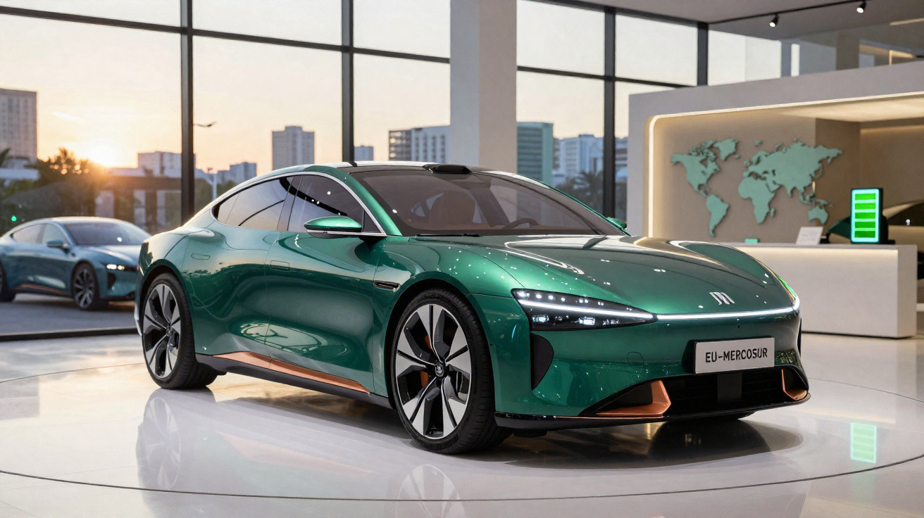 Carro elétrico esportivo verde exibido em showroom moderno com grandes janelas e mapa mundi na parede.
