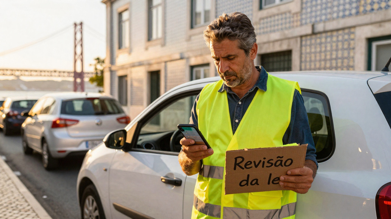 Homem com colete amarelo segurando placa "Revisão da lei" e olhando celular na calçada junto a carros.