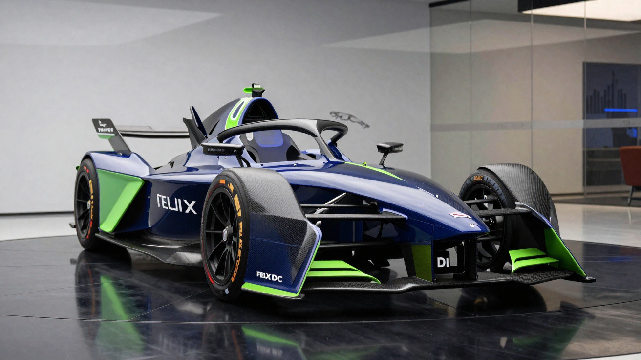 Carro de fórmula futurista azul e verde exibido em ambiente interno moderno.