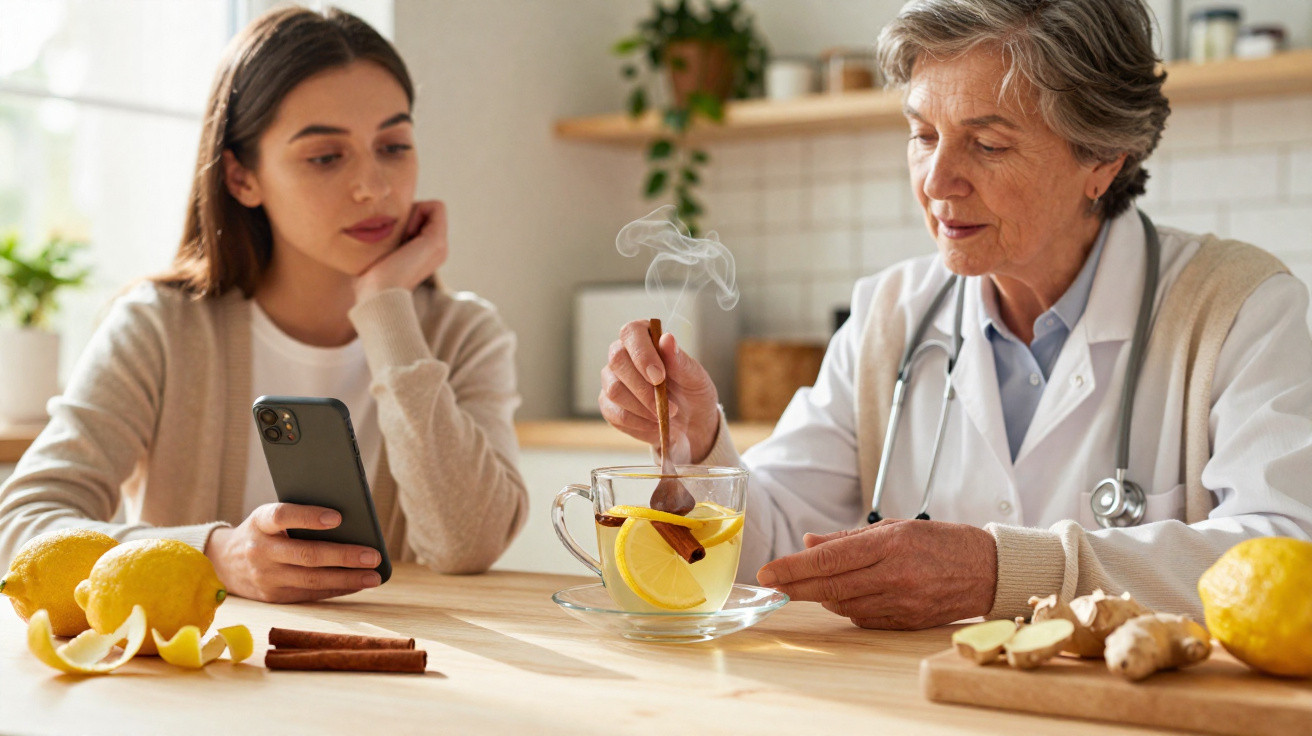 Médica com jaleco prepara chá com limão e canela enquanto jovem observa segurando celular.