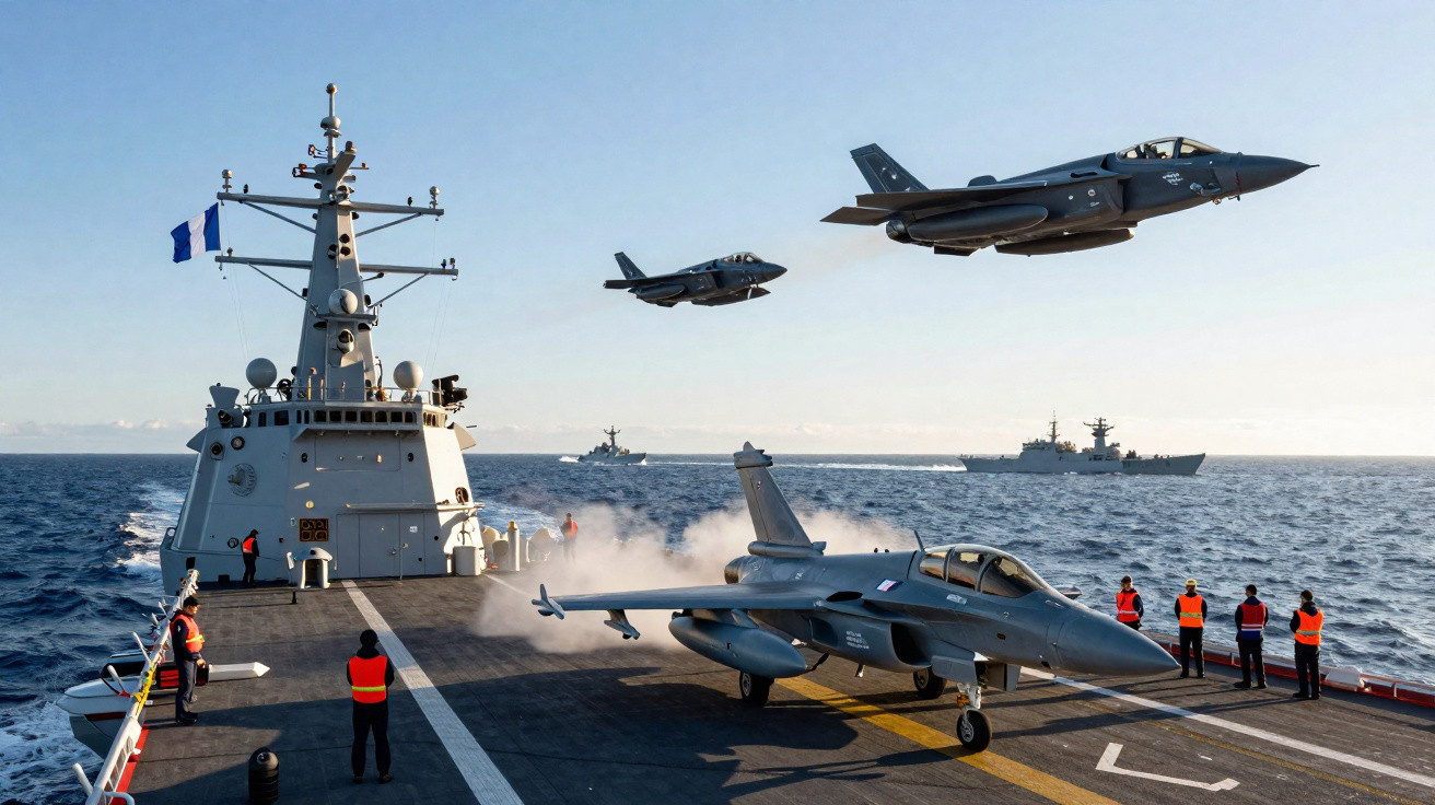 Caça militar decolando de porta-aviões com outras aeronaves voando ao fundo no mar.