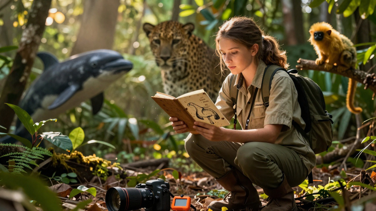 Mulher com uniforme de exploradora lendo livro na floresta, cercada por animais como onça, macaco e golfinho.