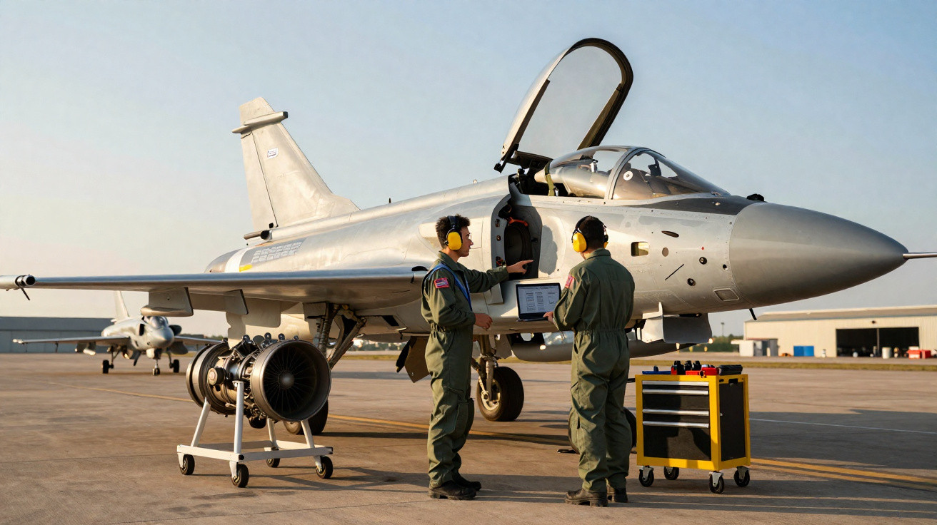 Dois técnicos em uniformes verdes e protetores auriculares inspecionam jato militar cinza em pista de aeroporto.