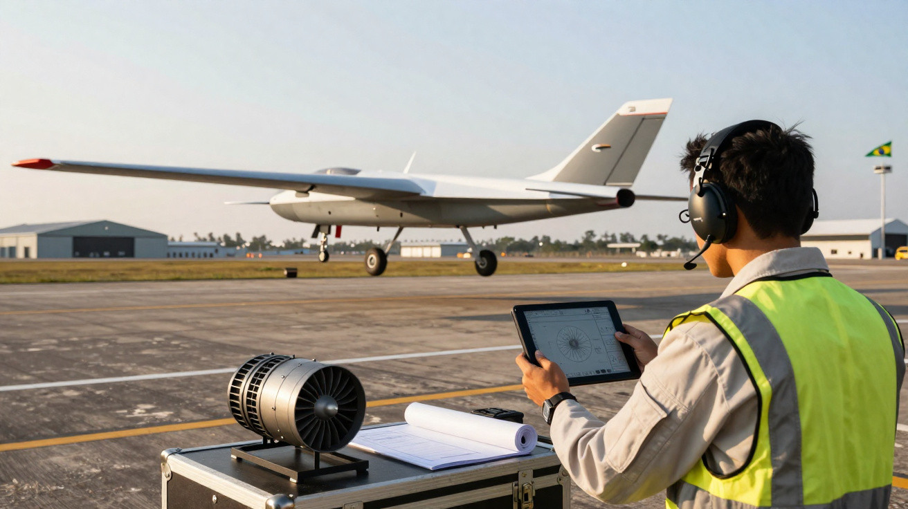 Pessoa com colete amarelo e fone controla drone cinza pousando em pista de aeroporto ao entardecer.