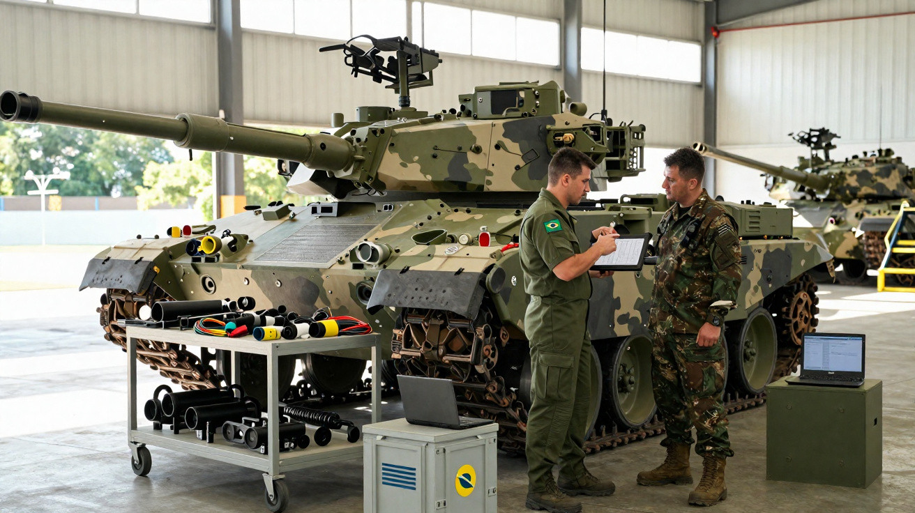 Dois militares brasileiros em discussão técnica diante de tanques de guerra em hangar.