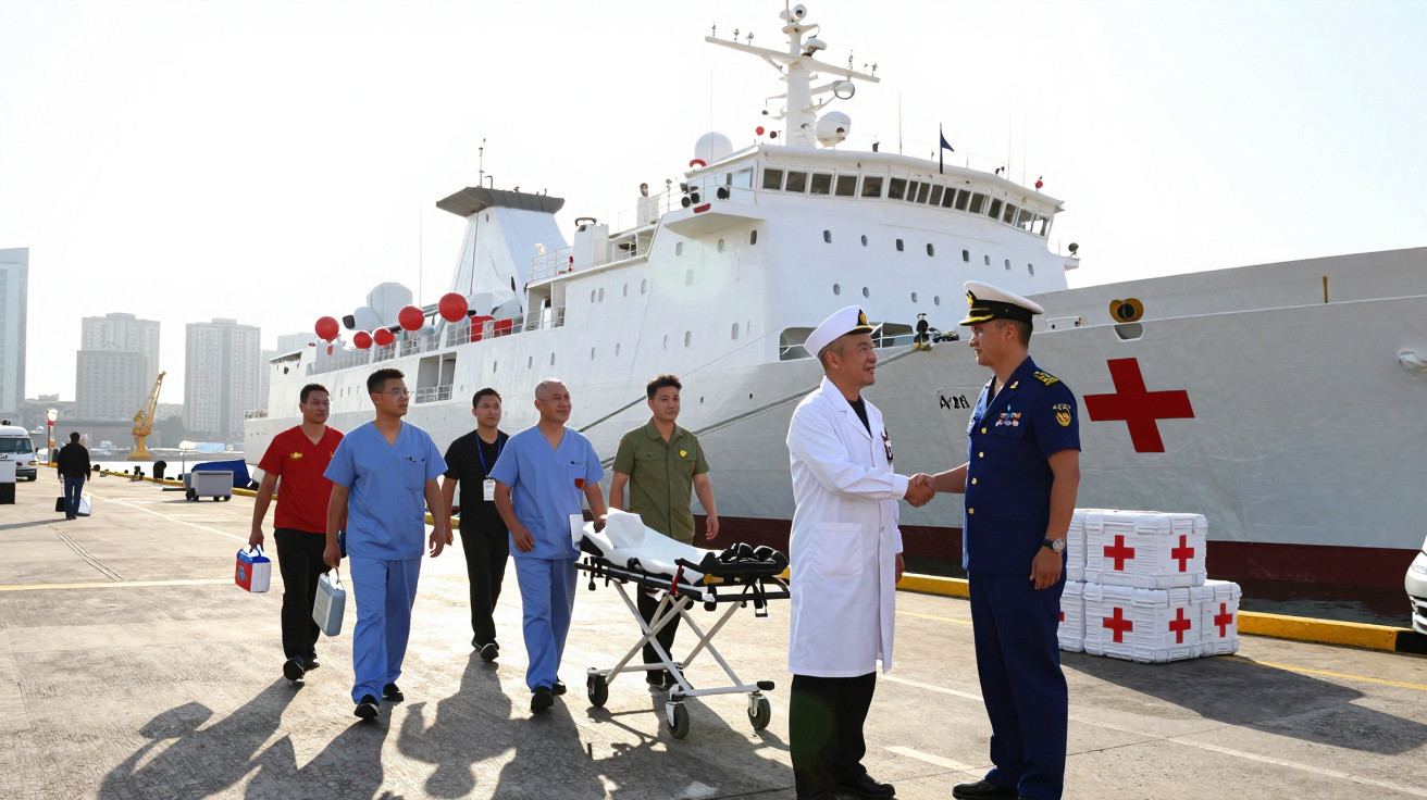 Marinha e equipe médica com maca no cais próximo a navio hospital com cruz vermelha branca.