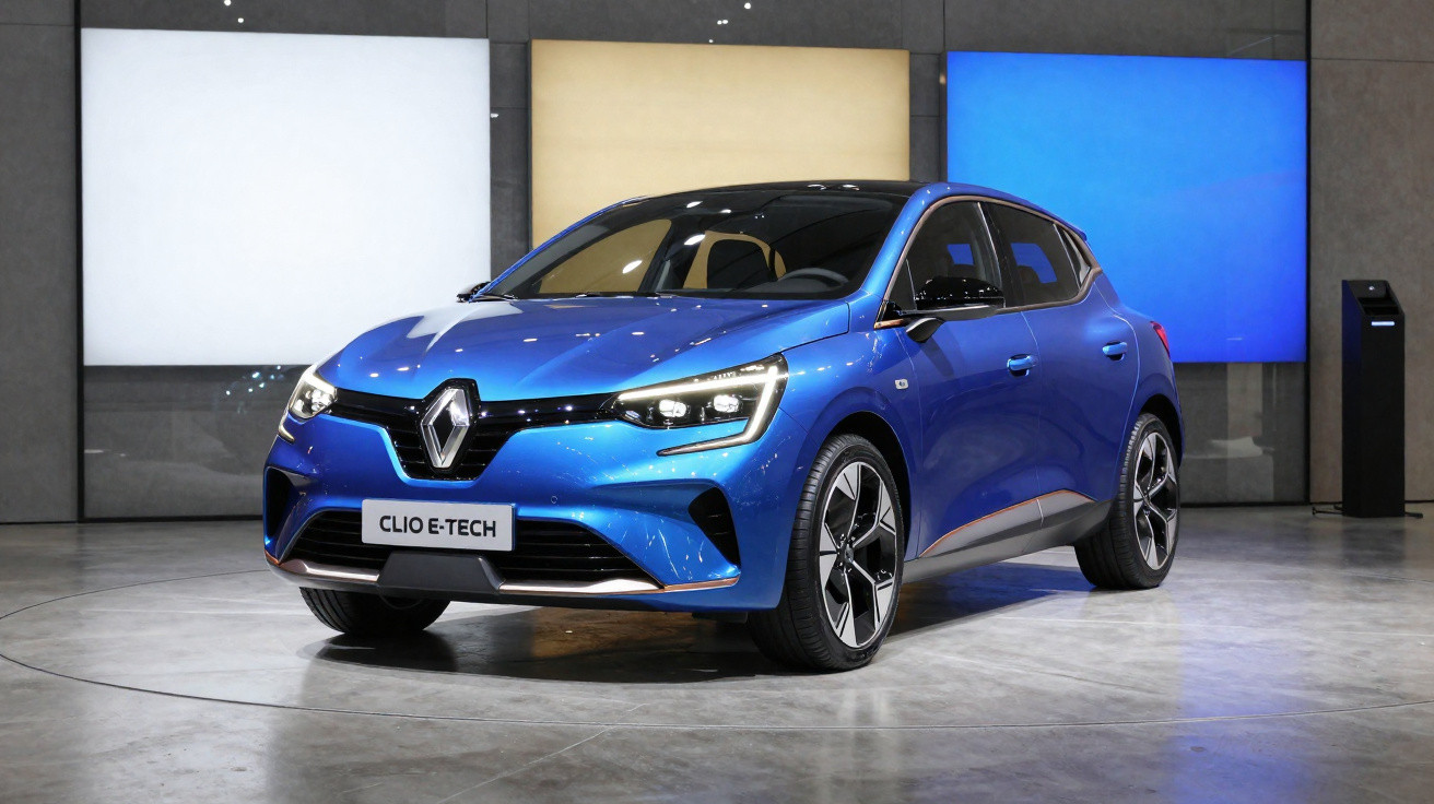 Carro azul Renault Clio E-Tech estacionado em ambiente interno com luzes e painéis coloridos ao fundo.