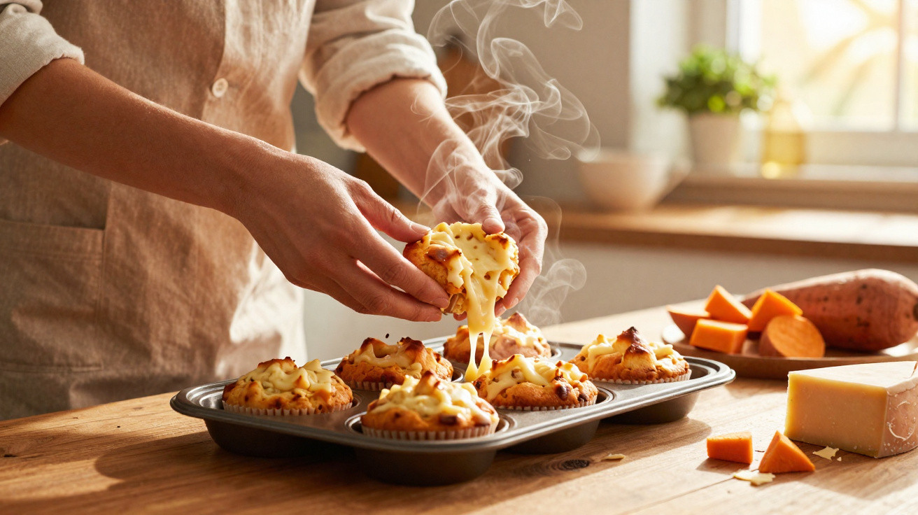 Pessoa segurando muffin de batata-doce com queijo derretido em bancada de madeira iluminada pela luz natural