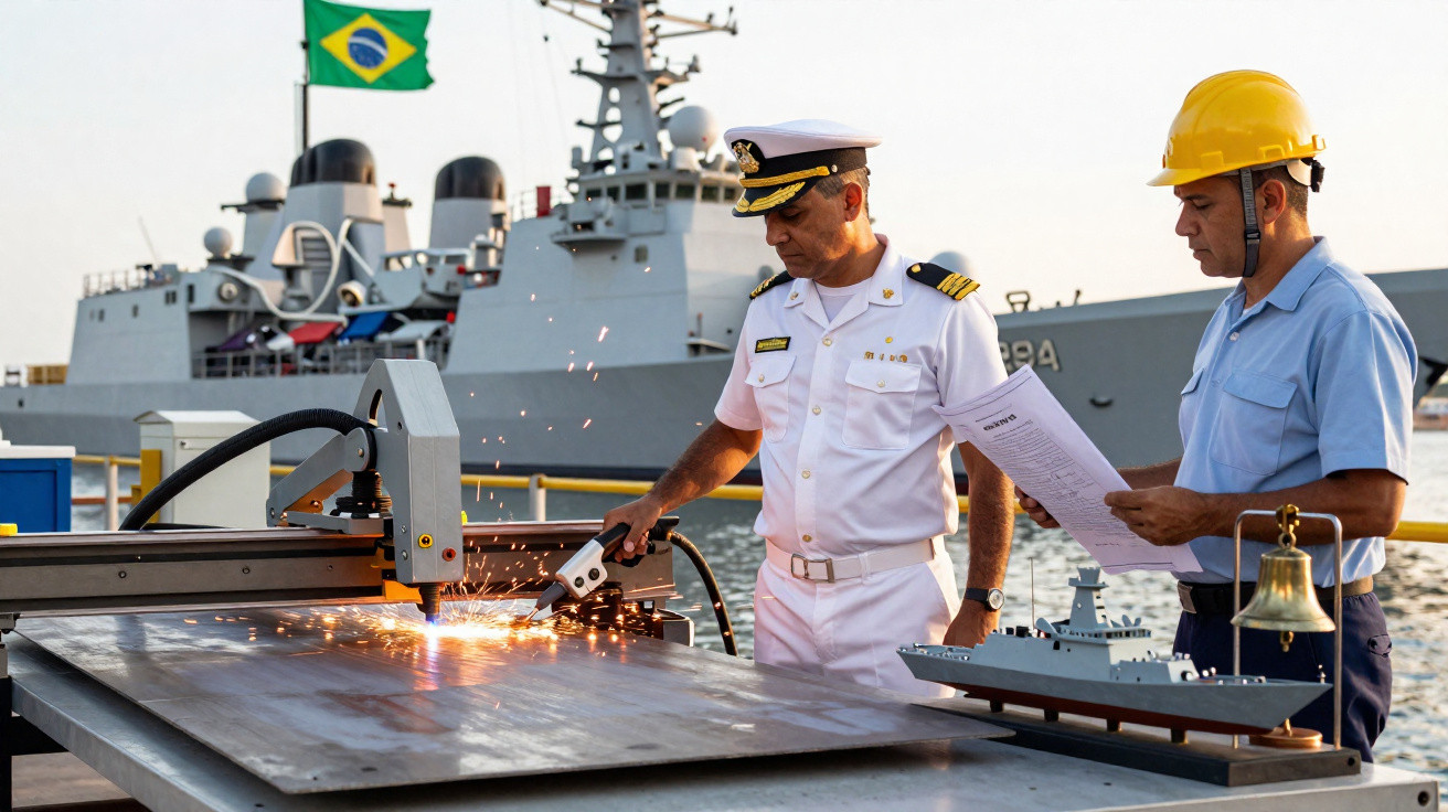 Oficiais da marinha trabalham com máquina de corte a plasma em porto naval, com navio brasileiro ao fundo.