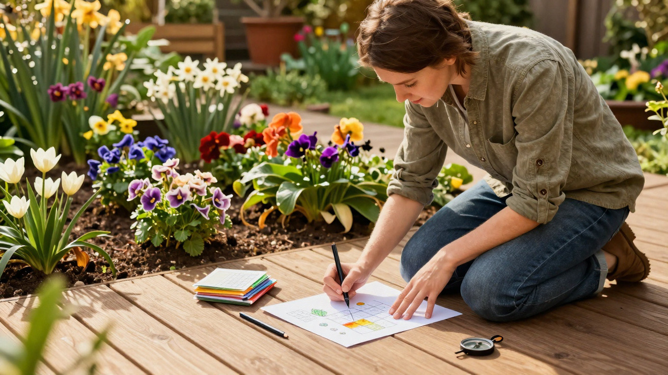 Pessoa ajoelhada escrevendo em papel, ao lado de flores coloridas em jardim ensolarado.