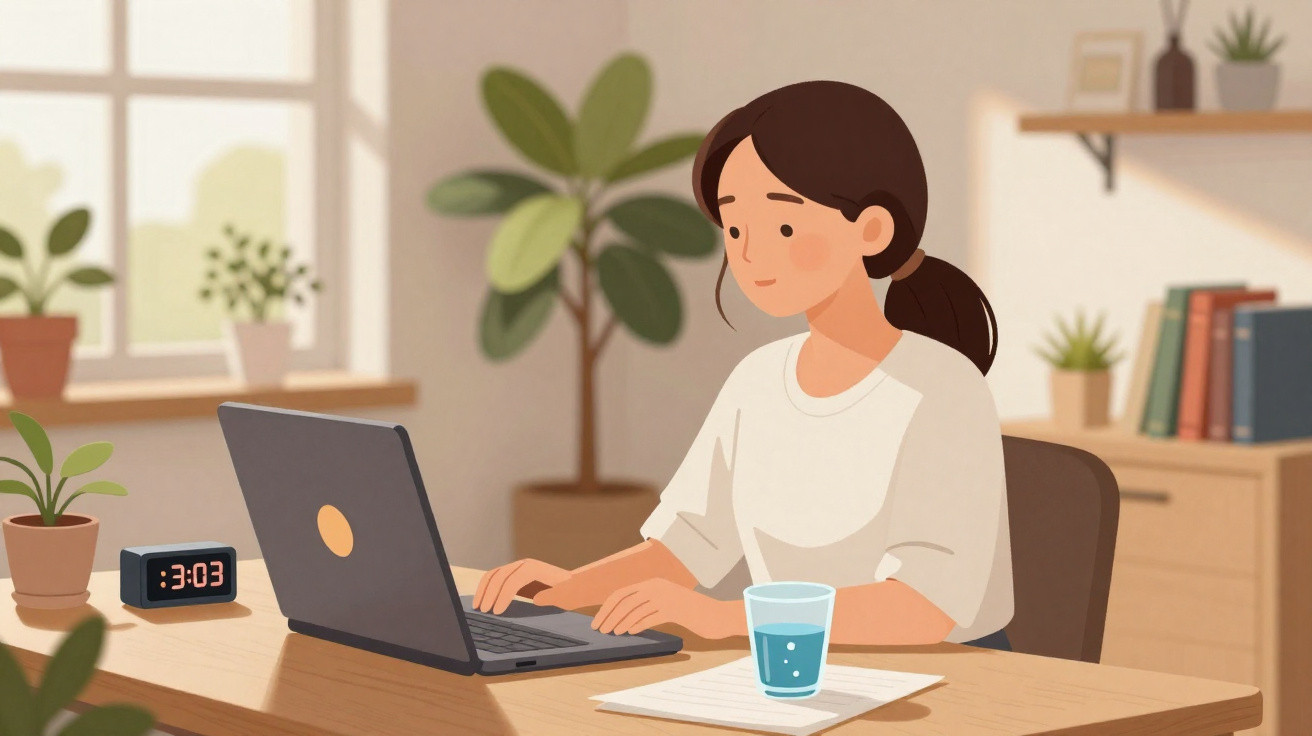 Mulher trabalhando em laptop em mesa com copo d'água e plantas em ambiente iluminado e organizado.