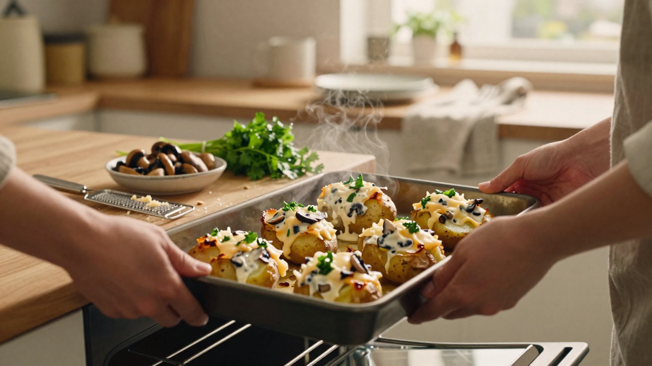 Duas pessoas retirando assadeira com batatas recheadas e gratinadas do forno em cozinha iluminada.