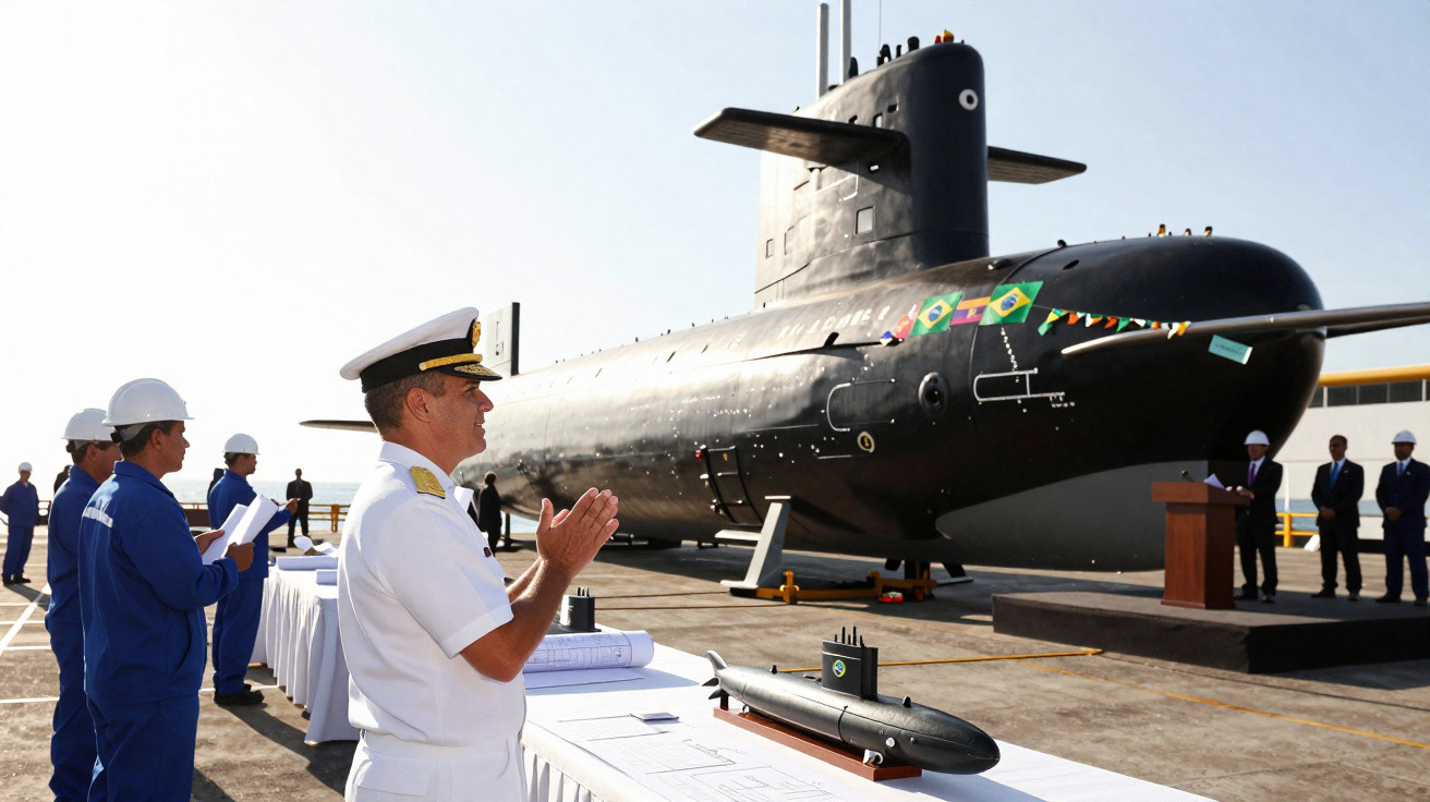 Oficiais e engenheiros observam submarino brasileiro em cerimônia no estaleiro.