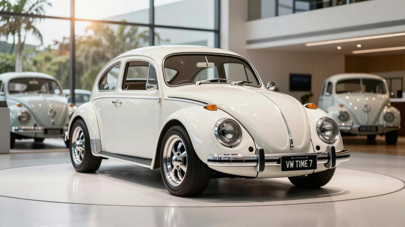Carro Volkswagen Fusca branco clássico exposto em showroom com outros Fuscas ao fundo.