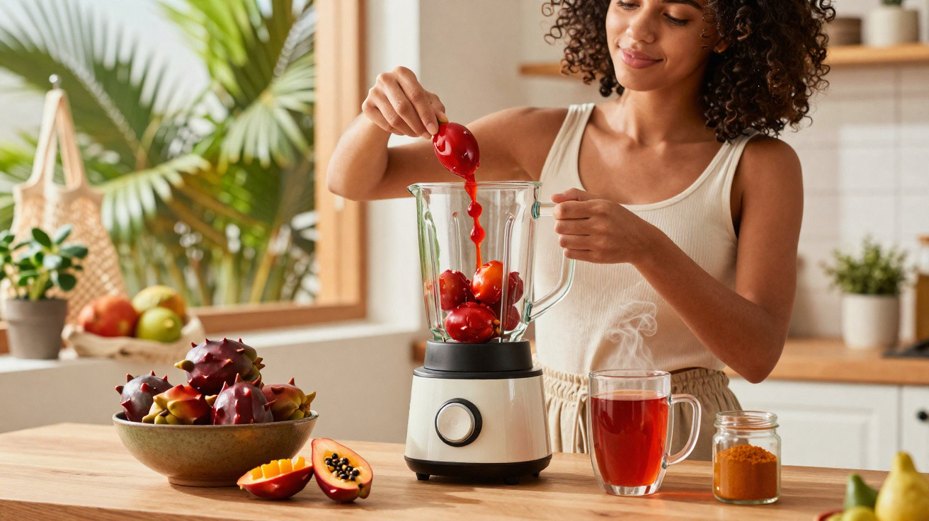 Mulher preparando suco natural com frutas vermelhas em liquidificador na cozinha iluminada.