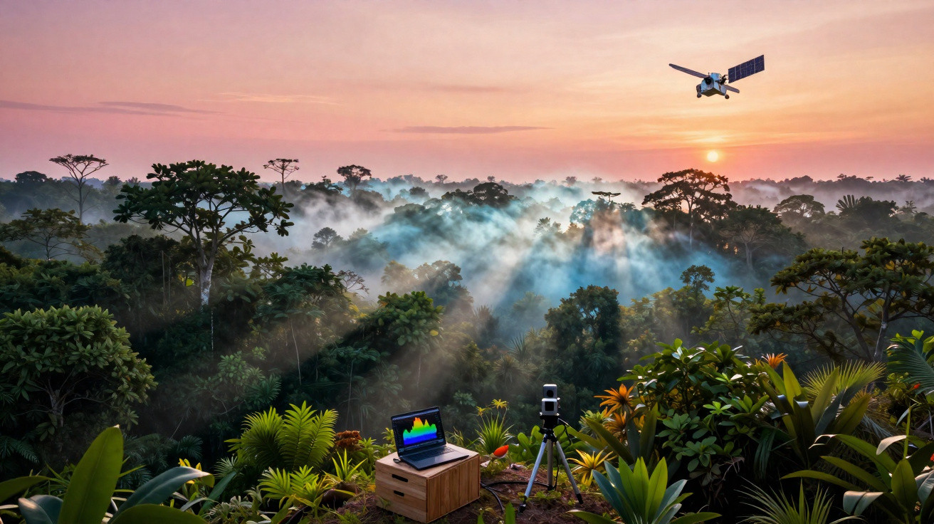 Satélite sobrevoando floresta tropical ao amanhecer com equipamentos de monitoramento ambiental.