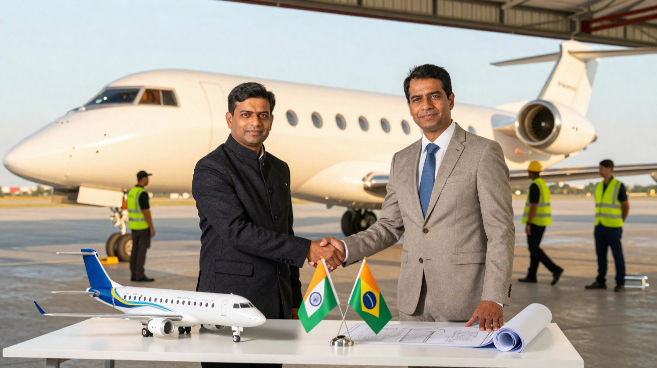 Dois homens apertando as mãos diante de uma mesa com maquete de avião e bandeiras da Índia e Brasil, na frente de jato privad